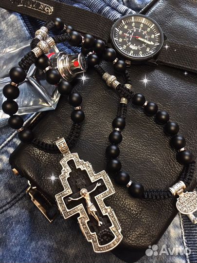 Мужские Бусы из Камня под Крест.Ручная Работа