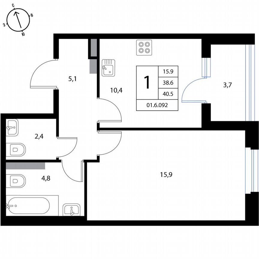 1-к. квартира, 40,5 м², 2/3 эт.