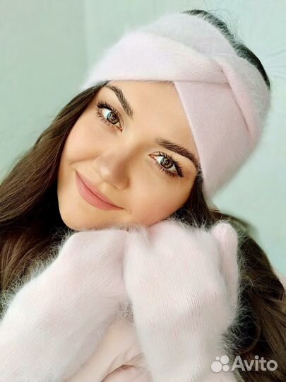 Шапка повязка на голову и варежки из ангоры