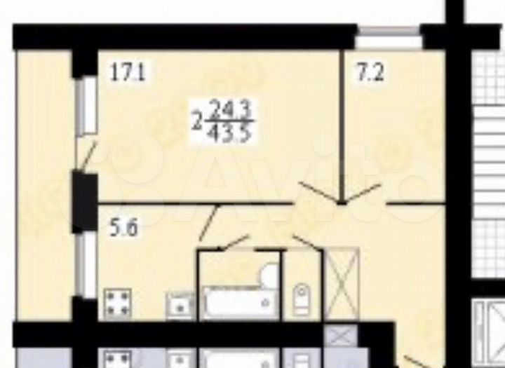 2-к. квартира, 43,5 м², 4/12 эт.