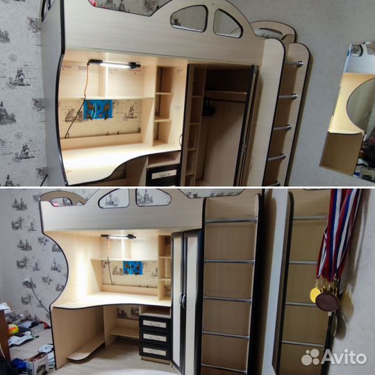 Детская кровать чердак со столом и шкафом