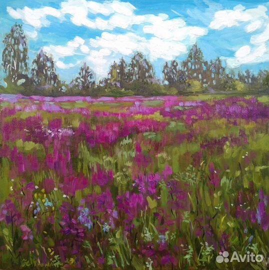 Картина летний пейзаж полевые цветы маслом 40*40см