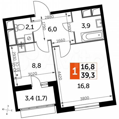 1-к. квартира, 39,3 м², 6/16 эт.