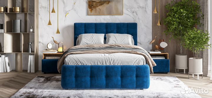 Кровать boss 140 велюр Monolit синяя + ПМ