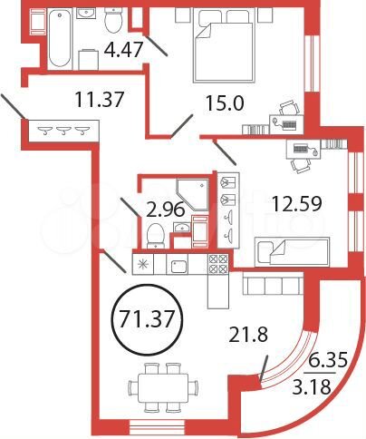 2-к. квартира, 71,4 м², 4/12 эт.