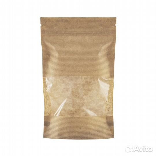 Пакет дой-пак бумажный крафт с окошком 70 мм с зам