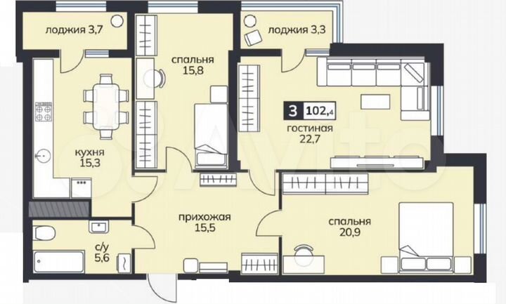 3-к. квартира, 102,4 м², 12/15 эт.