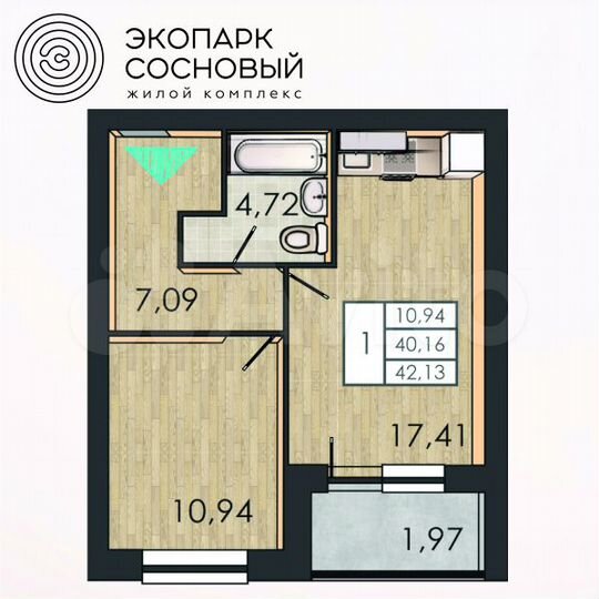 1-к. квартира, 39,8 м², 1/4 эт.