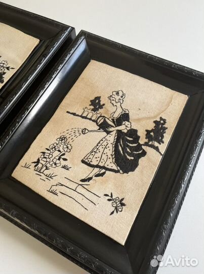 Старинная вышивка в раме, комплект вышивка СССР