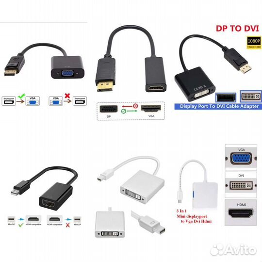 VGA, DVI, DVI-I, DVI-D, hdmi, RCA, DisplayPort, DP