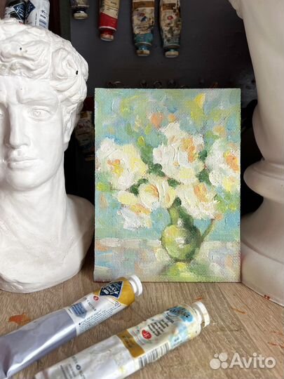 Картина маслом Розы в вазе, 15/20 см