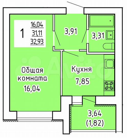 1-к. квартира, 32,9 м², 1/9 эт.