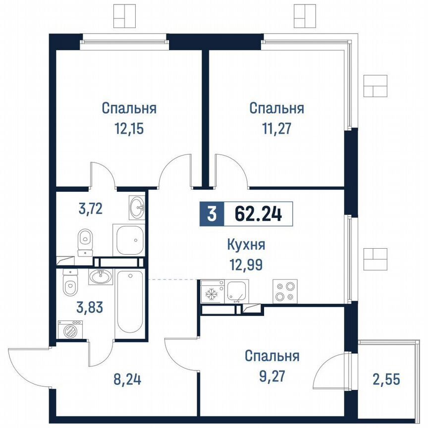 3-к. квартира, 61,5 м², 17/18 эт.