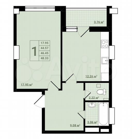 1-к. квартира, 48,3 м², 17/25 эт.