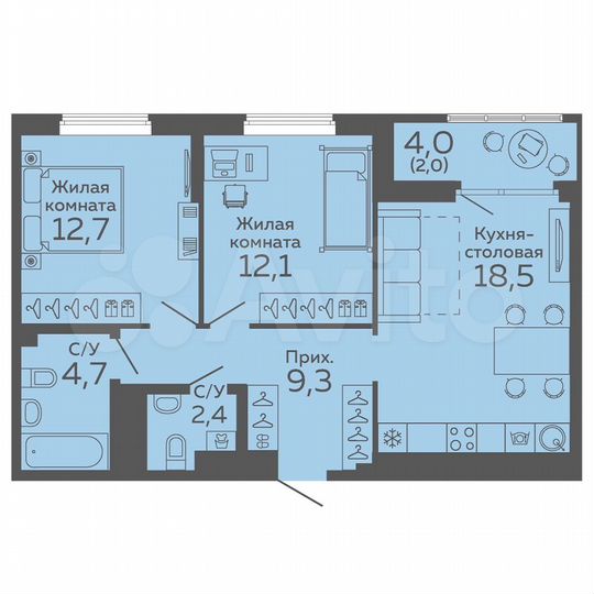 2-к. квартира, 61,7 м², 4/15 эт.
