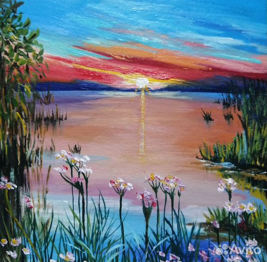 Картина маслом Летний пейзаж Закат над озером
