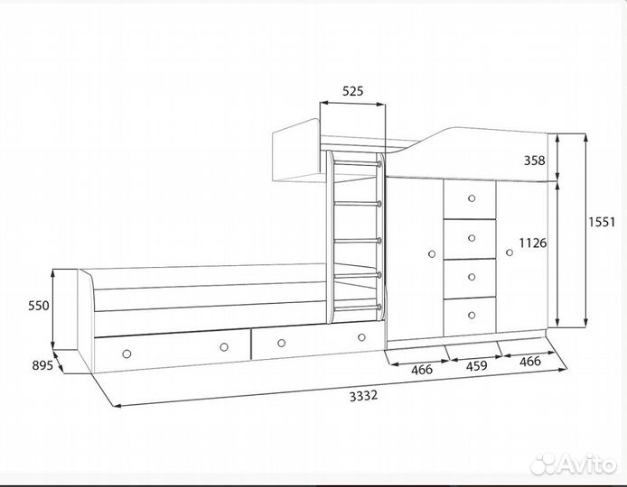 Двухъярусная кровать Дуб Молочный/Голубой