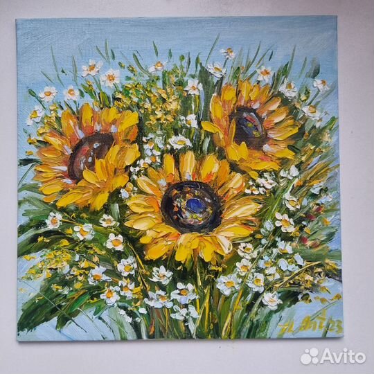 Подсолнухи ромашки полевые цветы картина маслом