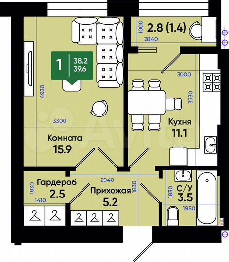 1-к. квартира, 39,6 м², 1/3 эт.