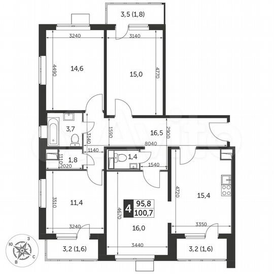 4-к. квартира, 100,9 м², 15/25 эт.