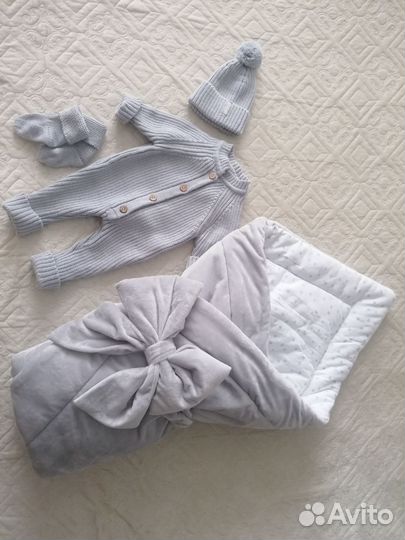 Конверт одеяло на выписку, костюм вязанный