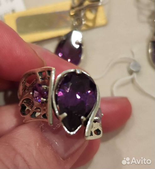 Серебряный комплект аметист кольцо серьги новые