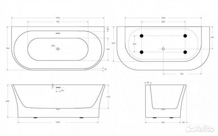 Ванна акриловая пристенная belbagno BB711 170