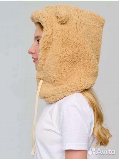 Шапка-шлем с ушками флисовая коричневая и беж