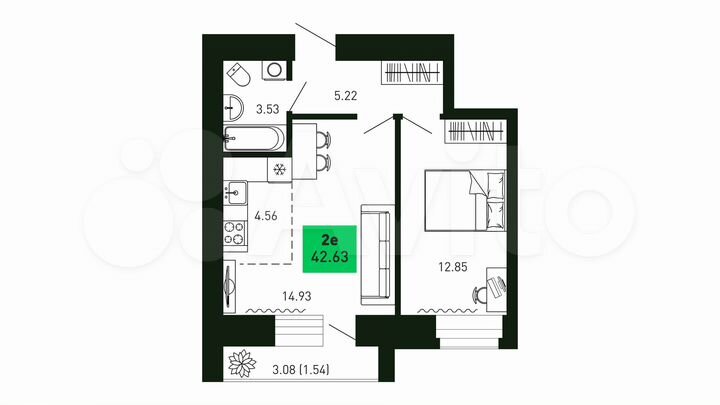 2-к. квартира, 42,6 м², 2/16 эт.