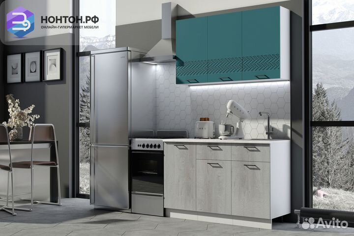 Кухня Лагуна 1.5 м морская волна софт / дуб седой