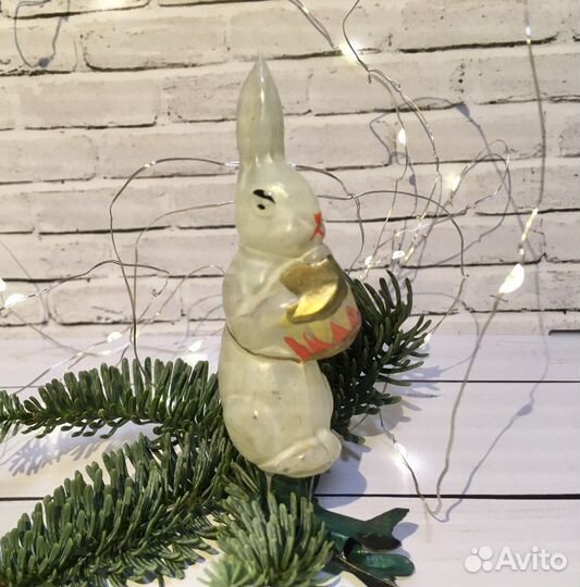 Елочная игрушка СССР заяц с барабаном