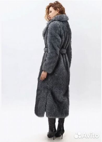 Шуба искусственная чернобурка длинная с поясом