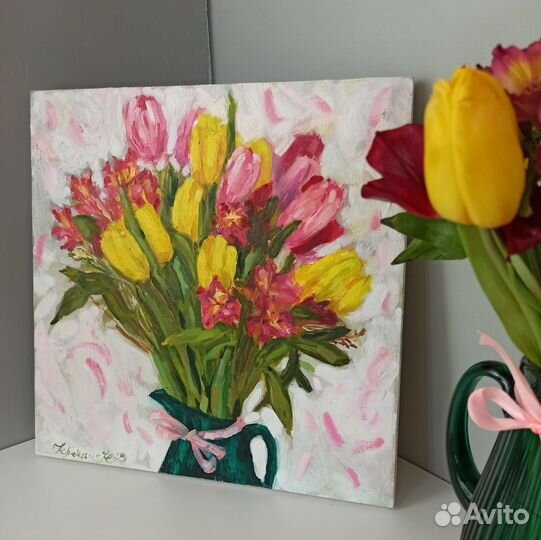 Картина букет тюльпанов на холсте 40 на 40 см