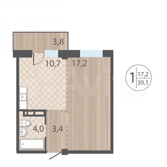 1-к. квартира, 39,1 м², 6/12 эт.