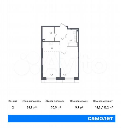 2-к. апартаменты, 54,7 м², 18/30 эт.