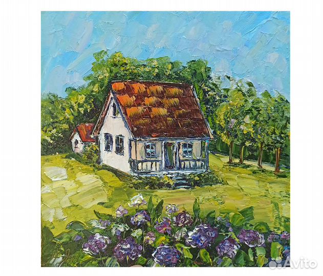 Картина домик с цветами маслом гортензии 24х24 см
