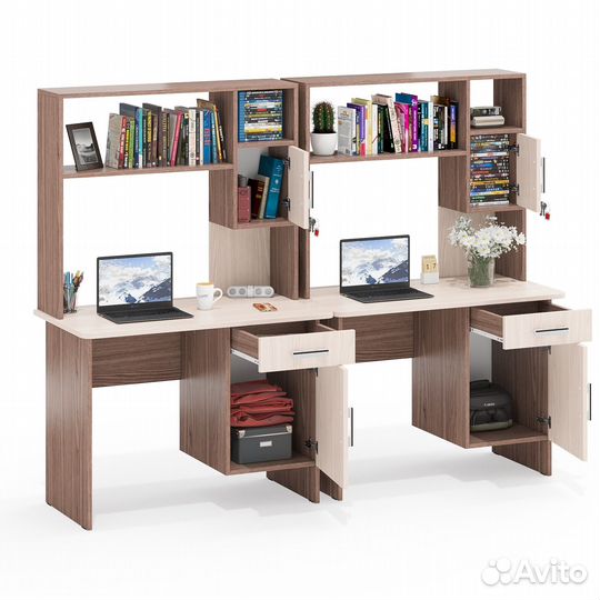 Два стола письменных с надстройкой Мебельный Двор 1-09Н цвет ясень шимо светлый/тёмный