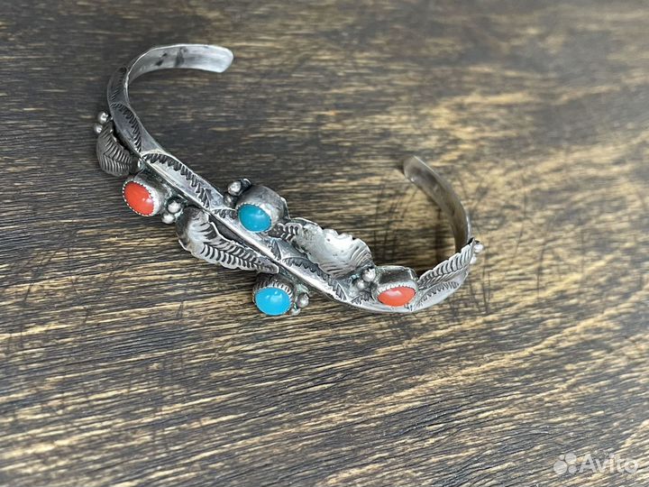 Браслет навахо серебро бирюза коралл коллекционный