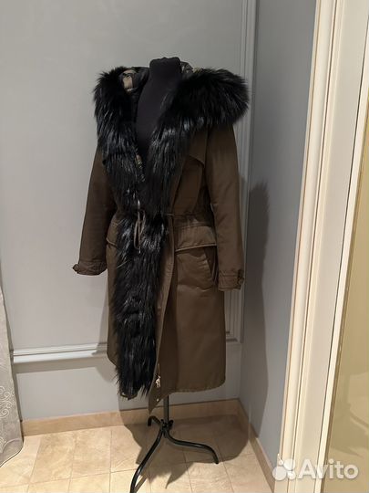 2в1 Пуховое пальто парка 44-46 натуральный мех