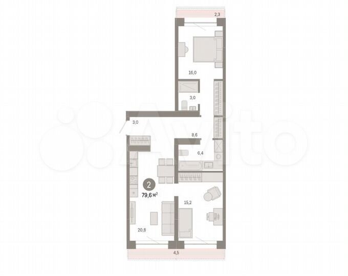 2-к. квартира, 79,6 м², 3/7 эт.