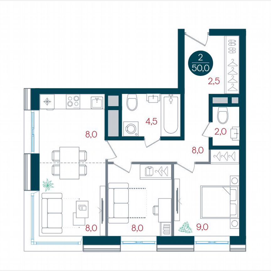 2-к. квартира, 50 м², 11/32 эт.