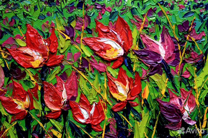 Картина маслом на холсте Красные тюльпаны импасто