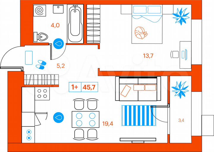 1-к. квартира, 45,7 м², 4/21 эт.