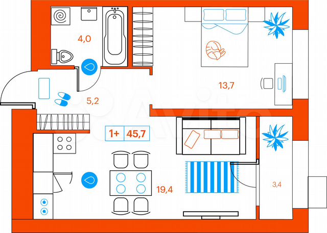 1-к. квартира, 45,7 м², 4/21 эт.
