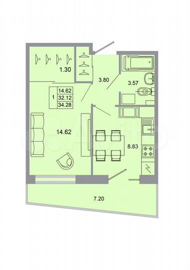 1-к. квартира, 34,3 м², 4/15 эт.