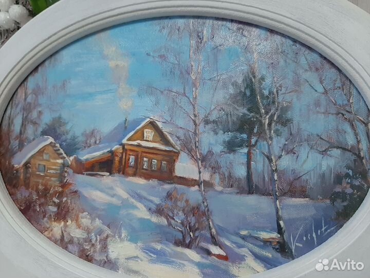 Картина зимний пейзаж с домиком