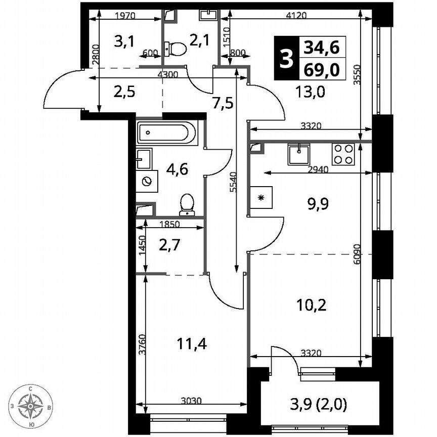 2-к. квартира, 69 м², 2/25 эт.
