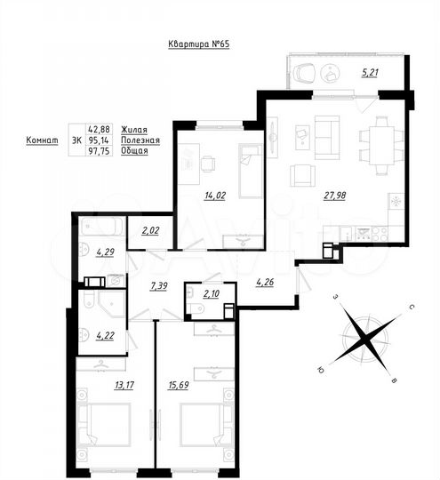 3-к. квартира, 97,8 м², 3/5 эт.
