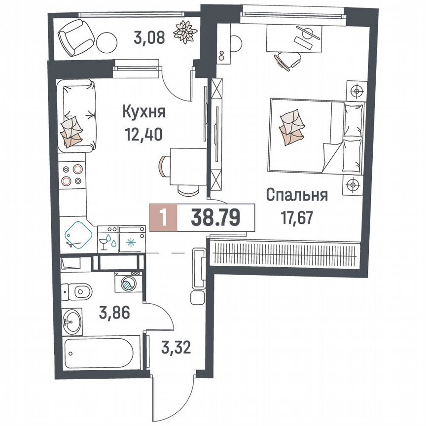 1-к. квартира, 38,8 м², 14/18 эт.