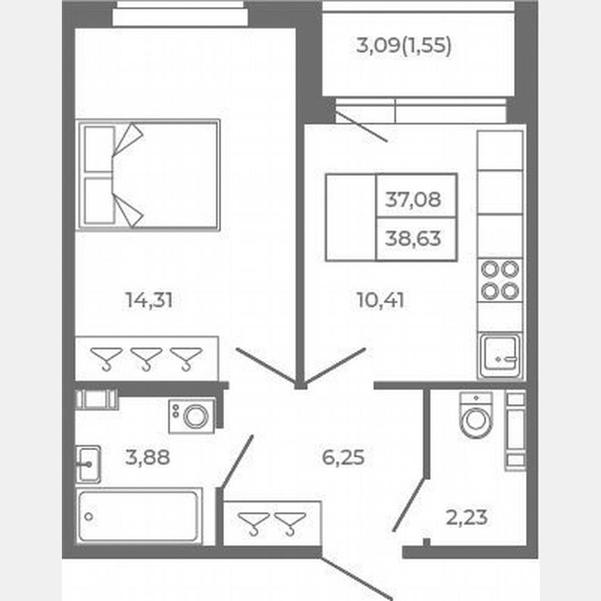 1-к. квартира, 37,1 м², 1/4 эт.